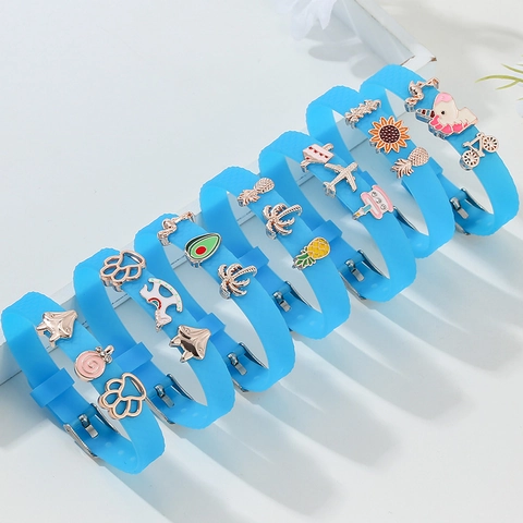 Adjustable Blue Silicone Charm Bracelet For Women Kids Cute Alloy Enamel Animal Plant Mom Charms Rhinestone Fashion Jewelry Gift