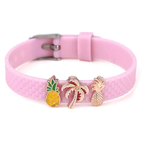 Bracelet Charm en Silicone Rose Réglable Série Été Alliage Ananas Flamant Rose Palmier Coeur Strass Bracelet en Perles pour Femmes Filles