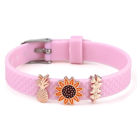 Adjustable Pink Silicone Strap Charm Bracelet Summer Series Alloy Pineapple Flamingo Palm Tree Heart Rhinestone Beaded Bracelet For Women Girls