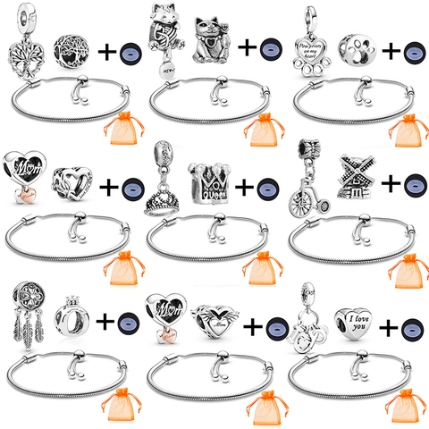 Alloy DIY Charm Bracelet Set For Women Silver Snake Chain With Heart Tree Of Life Pendants Fashion Rhinestone Jewelry Gift