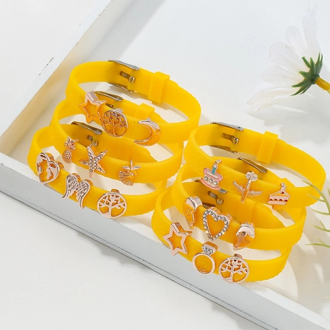 Adjustable Yellow Silicone Charm Bracelet With Rose Gold Alloy Mom Heart Pineapple Charms Fashion DIY Jewelry For Women