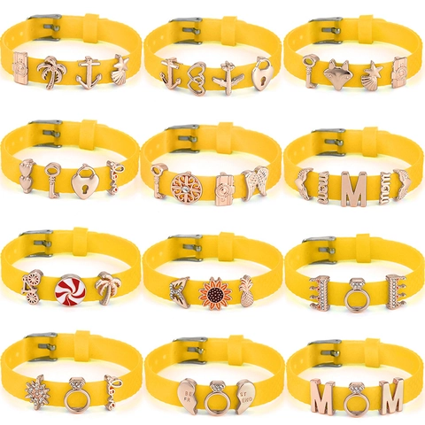 Adjustable Yellow Silicone Charm Bracelet With Rose Gold Alloy Mom Heart Pineapple Charms Fashion DIY Jewelry For Women