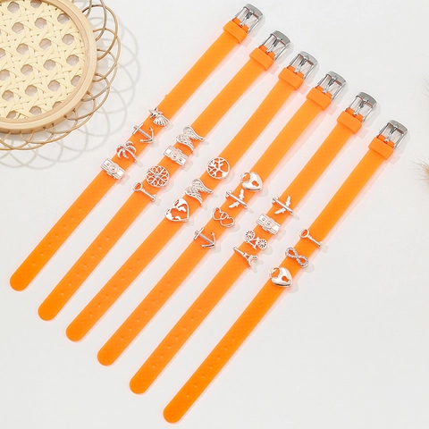 Pulsera De Correa Naranja Con Charms De Viaje De Metal Incrustaciones De Strass Joyería De Vacaciones De Verano Ajustable Para Mujer