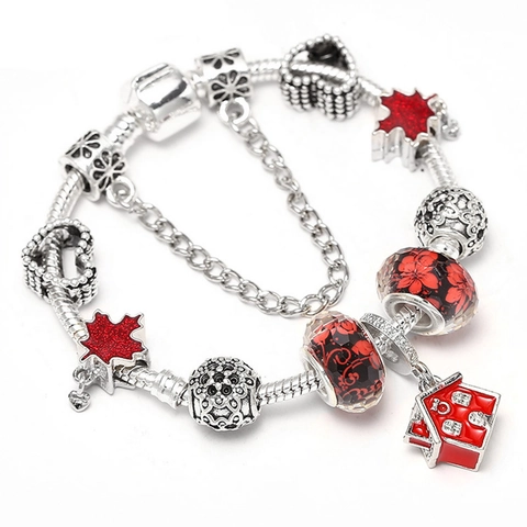Silver Alloy Maple Leaf House Pendant Charm Bracelet Red Glass Beaded Snake Chain Bracelet With Safety Chain Women Jewelry Gift