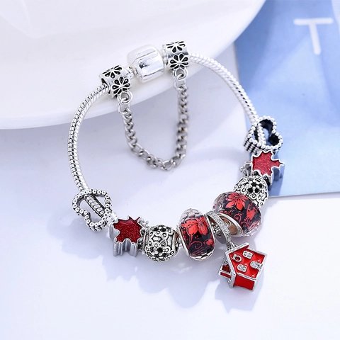 Silver Alloy Maple Leaf House Pendant Charm Bracelet Red Glass Beaded Snake Chain Bracelet With Safety Chain Women Jewelry Gift