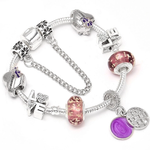 Fashion Alloy DIY Charm Bracelet For Women Silver Plated Purple Glass Beads Heart Bridesmaid Love Pendant Snake Chain Jewelry Gift