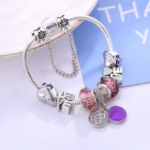 Fashion Alloy DIY Charm Bracelet For Women Silver Plated Purple Glass Beads Heart Bridesmaid Love Pendant Snake Chain Jewelry Gift