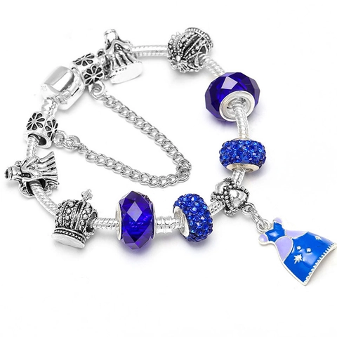 Bracelet Charm en Alliage Strass Pendentif Robe de Princesse Bleue Chaîne Serpent Avec Chaîne de Sécurité Perles de Verre