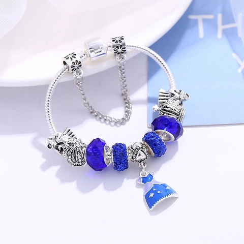 Bracelet Charm en Alliage Strass Pendentif Robe de Princesse Bleue Chaîne Serpent Avec Chaîne de Sécurité Perles de Verre