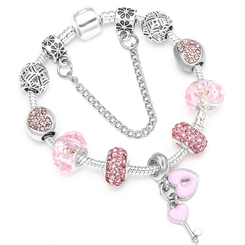 Romantisch Rosa Herz Charme Perlen Armband Für Damen Legierung Versilbert Schlangenkette Schlüssel Schloss Anhänger Schmuck