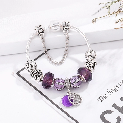 Purple Crystal Bead Charm Bracelet Women Alloy Silver Snake Chain Heart Flower Globe Pendant Fashion Jewelry Birthday Gift