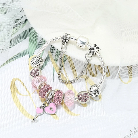 Romantisch Rosa Herz Charme Perlen Armband Für Damen Legierung Versilbert Schlangenkette Schlüssel Schloss Anhänger Schmuck
