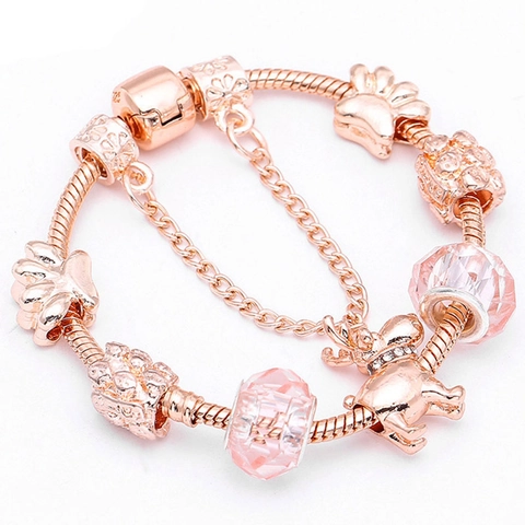 Rozegoud Eland Charm Armband Voor Dames Roze Glazen Kralen Hart Hanger Slangenketting Sieraden Kerstmis Cadeau