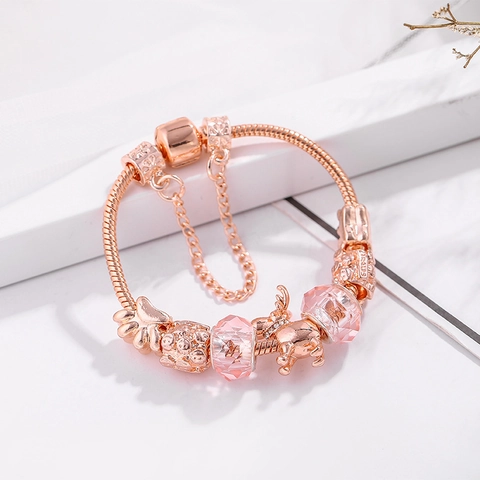 Rozegoud Eland Charm Armband Voor Dames Roze Glazen Kralen Hart Hanger Slangenketting Sieraden Kerstmis Cadeau