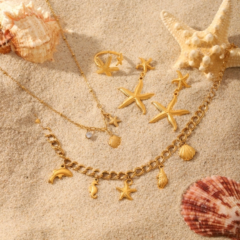 Oceaan Zeester Schelp Dolfijn Zeeschildpad Halsketting Oorbellen Armband Ring Roestvrij Staal Verguld Kunstparel Sieraden