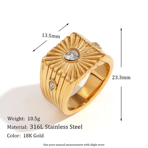 Vintage 18K Vergoldet Edelstahl Herz Zirkonia Quadratischer Siegelring Für Damen Radiale Textur Mode Fingerschmuck