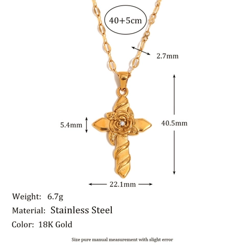 18K Gold Plated Stainless Steel Rose Flower Cross Pendant Necklace Elegant Fashion Rhinestone Jewelry For Women Gift