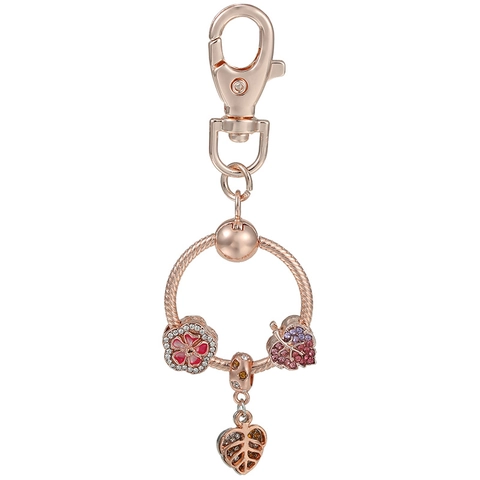 Portachiavi in Lega Oro Rosa Con Pendenti a Fiore di Ciliegio Foglia Cuore Strass Intarsiati Anello DIY Donna Regalo