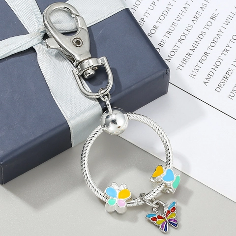 Fashion Alloy Enamel Butterfly Heart Charm Keychain For Women Silver Plated Metal Key Ring Bag Pendant Jewelry Gift