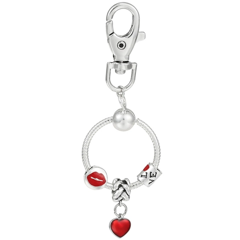 Silver Metal Charm Keychain Red Enamel Heart Lips Beads Snake Chain O-Ring Love Pendant Key Ring Women Gift Jewelry