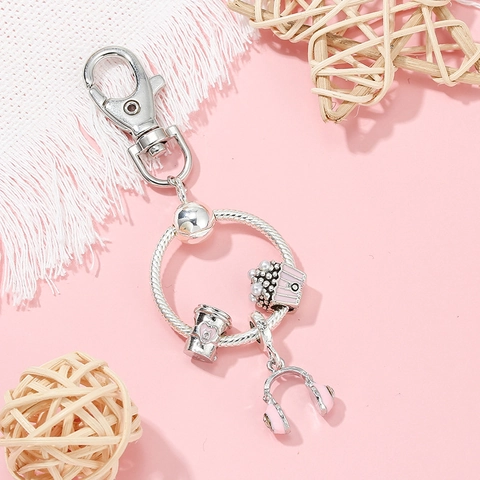 Travel Series DIY Metal Keychain Popcorn Coffee Cup Headset Charms For Women Girls Silver Pink Enamel Jewelry Gift Accessory
