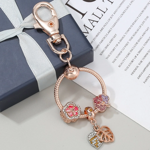 Portachiavi in Lega Oro Rosa Con Pendenti a Fiore di Ciliegio Foglia Cuore Strass Intarsiati Anello DIY Donna Regalo