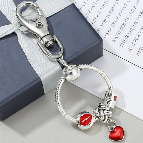 Silver Metal Charm Keychain Red Enamel Heart Lips Beads Snake Chain O-Ring Love Pendant Key Ring Women Gift Jewelry