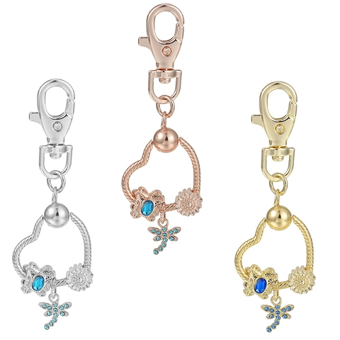 Portachiavi a Forma di Cuore Con Ciondoli Farfalla Girasole Libellula Zirconia Blu Lega di Metallo Gioiello Accessorio Regalo