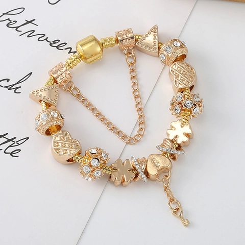 Luxus Vergoldetes Legierung Perlenarmband Herz Kleeblatt Schlüssel Anhänger Funkelnder Strass Schmuck Geschenk Für Damen