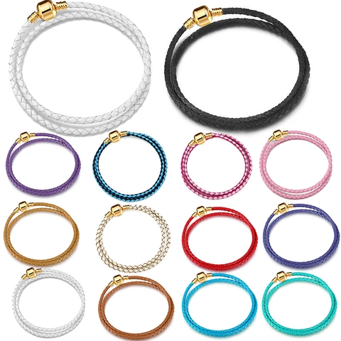Double Wrap Braided Leather Bracelet With Electroplated Metal Barrel Clasp Fashion DIY Charms Jewelry For Women Men Gift