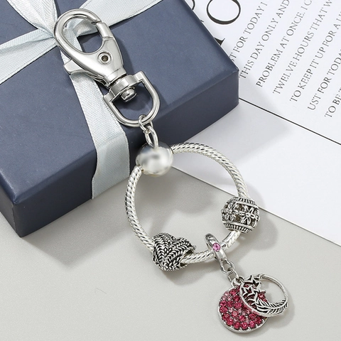 Portachiavi con Ciondolo DIY Vintage per Donna Lega Placcata Argento Perline Floreali a Cuore Ciondolo ad Albero di Strass Rossi