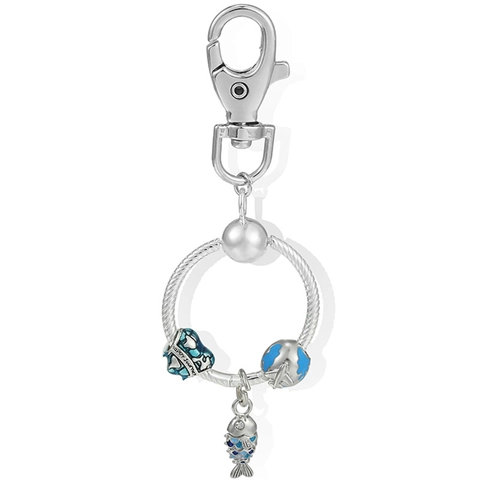Portachiavi in Lega di Metallo Argento con Ciondolo a Cuore Happy Journey Globo Terrestre in Smalto Blu Pesce con Strass