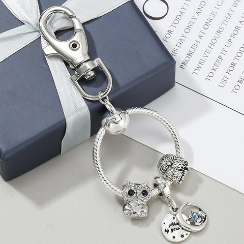 Portachiavi con Pendente Gufo Luna in Metallo Vintage per Donna Portachiavi Placcato Argento con Gufo Strass Ciondolo per Borsa Gioielli Regalo