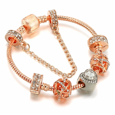 Bracelet Charm en Alliage Or Rose avec Strass Couronne et Cœur pour Femme Chaîne en Os de Serpent Bijoux Cadeau pour Petite Amie