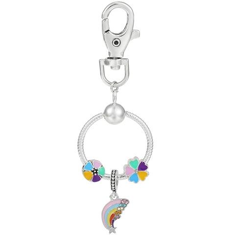 Porte-clés Pendentif Coeur Arc-en-ciel en Métal DIY Fleur en Émail Multicolore Étoile Strass Charme Anneau de Clé pour Femme Cadeau
