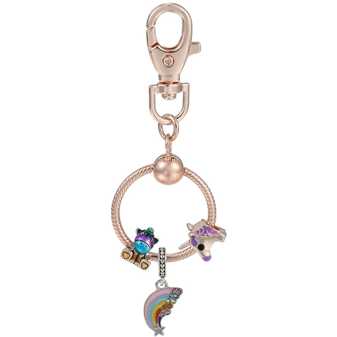 Portachiavi con Ciondolo Unicorno Arcobaleno Oro Rosa per Donna Ragazze Smalto Zirconia Cubica Catena a Osso di Serpente Accessorio Borsa