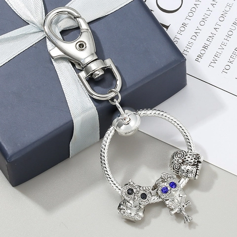 Portachiavi con Perline di Gufo in Lega Retrò con Chiusura a Moschettone Fai-da-Te Anello a Catena a Serpente Ciondolo Gufo con Strass Blu