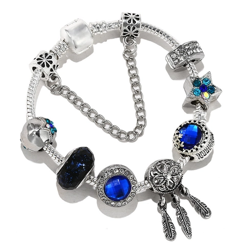 Bracciale con Charm a Perline Blu Cielo Stellato Lega Acchiappasogni Piuma Cuore Stella Pendente Catena a Serpente per Donna