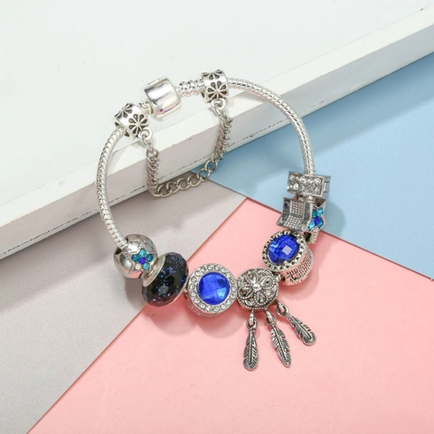 Bracciale con Charm a Perline Blu Cielo Stellato Lega Acchiappasogni Piuma Cuore Stella Pendente Catena a Serpente per Donna