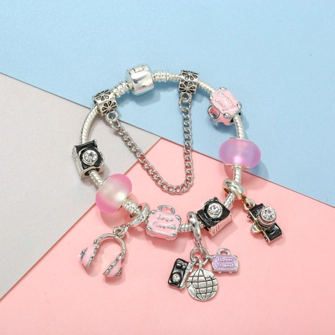 Travel Theme Alloy Charm Bracelet With Camera Suitcase Globe Heart Pendant Pink Enamel Rhinestone Snake Chain Jewelry Gift