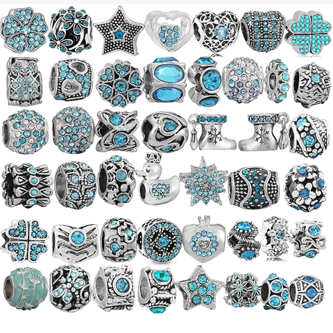 Versilberte Legierung Blaue Strass Große Loch Perlen DIY Charms Für Armband Halskette Schmuckherstellung Damen Vintage Perlen