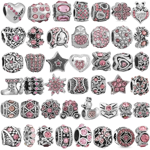 Ciondoli di Lusso in Lega di Strass Rosa Placcati in Argento a Forma di Fiore Cuore Animale Fai da Te Accessori per Bracciale Donna