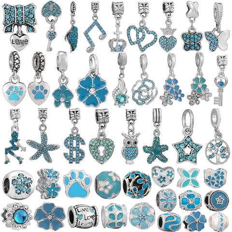 Blue Rhinestone Alloy Heart Crown Charms Beads For DIY Jewelry Making Silver Plated Pendant Accessory For Bracelet Necklace