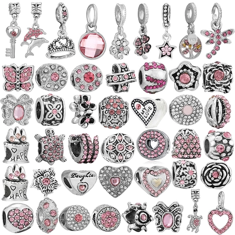 Alloy Pink Rhinestone Dolphin Heart Flower Charms Pendants For DIY Bracelet Necklace Jewelry Making Fashion Beads For Women