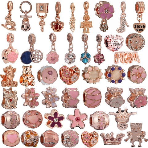 Rose Gold DIY Alloy Large Hole Beads Charms Enamel Heart Flower Animal For Pandora Style Bracelet Jewelry Making Findings