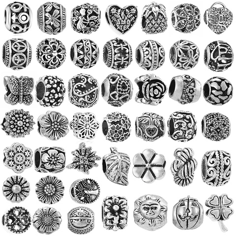 Vintage Alloy Large Hole Beads Antique Silver Charms For DIY Jewelry Making Bracelet Necklace Floral Heart Butterfly Leaf Beads