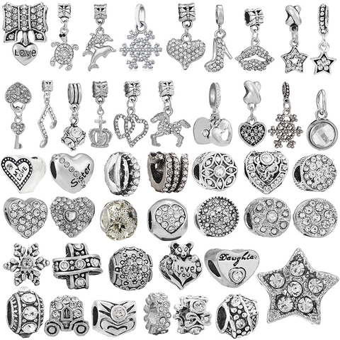 Luxurious Silver Rhinestone Charm Pendant Alloy Snowflake Key Heart Beaded Bracelet DIY Jewelry Making Accessories For Women