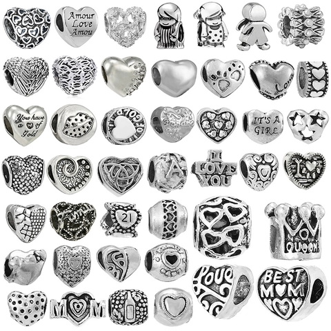 Luxury Alloy Heart Star Large Hole Charm Beads Silver Plated DIY Beaded Bracelet Accessories For Women Jewelry Making