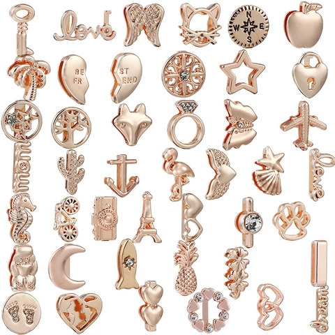Rose Gold Plated Alloy Slider Charms For DIY Bracelet Making Rhinestone Heart Key Eiffel Tower Animal Shaped Fashion Jewelry Accessories