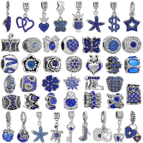 Ciondolo Charm di Lusso con Strass Blu per Creazione Gioielli Fai da Te Farfalla Gufo Cuore Perline in Metallo per Bracciale Stile Pandora